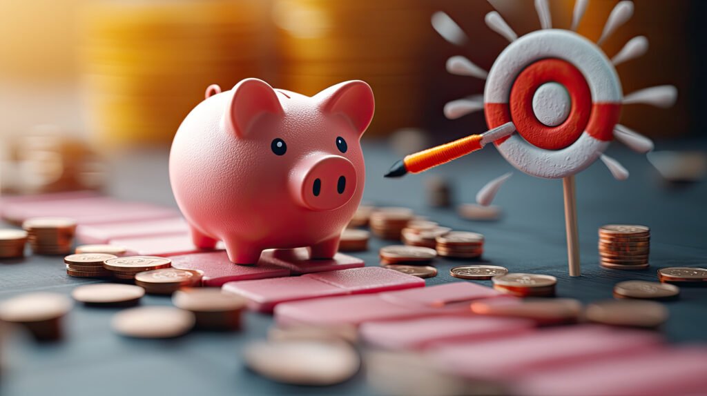A pink piggy bank next to a target with a dart, symbolizing savings and financial goals amid scattered coins.